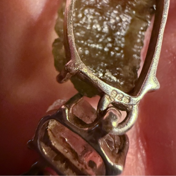 Genuine Czech Moldavite & Herkimer Diamond Quartz Pendant .925 Sterling Silver - Picture 6 of 9